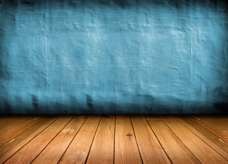 dark vintage blue room with wooden floor and artistic shadows ad