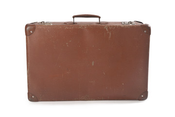 old leather suitcase on white