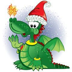 Green funny dragon wearing a Santa hat