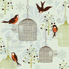 Foto auf Acrylglas Vögel in Käfigen Wintervögel, Vogelkäfige, Weihnachtsbäume und Vintage-Hintergrund