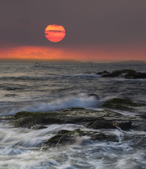 rocky shore in sun set over the sea