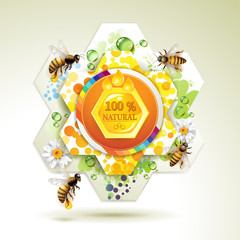 Bees and honeycombs over floral background
