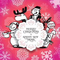Red Christmas greeting card with Christmas persons