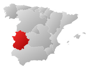 Map of Spain, Extremadura highlighted