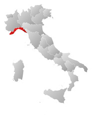 Map of Italy, Liguria highlighted