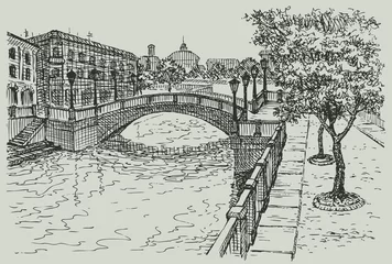 Photo sur Aluminium Illustration Paris Paysage urbain de vecteur. Maisons classiques et pont sur la rivière