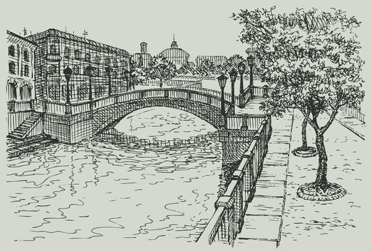Vector cityscape. Classic houses  and the bridge on the river