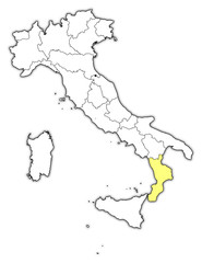 Map of Italy, Calabria highlighted