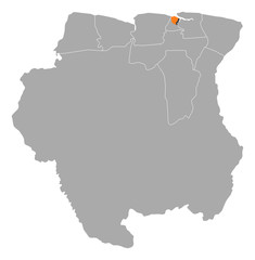 Map of Suriname, Paramaribo highlighted