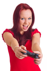 lachender Teenager beim Video spielen