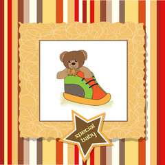 shower card with teddy bear hidden in a shoe