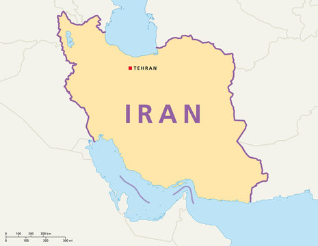 Iran political map with capital Tehran and national borders. English labeling and scaling. Illustration. Vector.