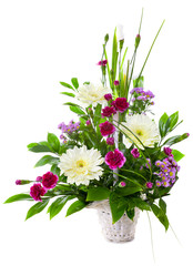 Bright flower bouquet in basket isolated over white background