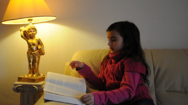 M&auml;dchen liest ein Buch auf dem Sofa