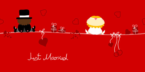 Card Sitting Groom & Bride Symbols "Just Married" Red