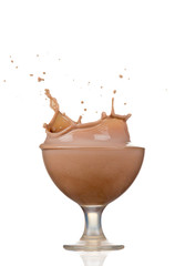 Chocolate splash in glass, isolated on white background