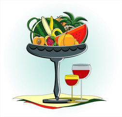 friuts in vase with glass of red wine