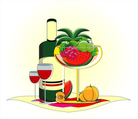 fruits in vase with bottle of wine on served table