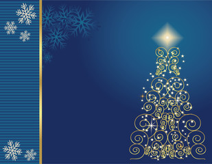 Cartolina Natale blu con abete in oro