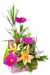 Bright flower bouquet in basket isolated over white background