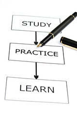 Study scheme and pen on white