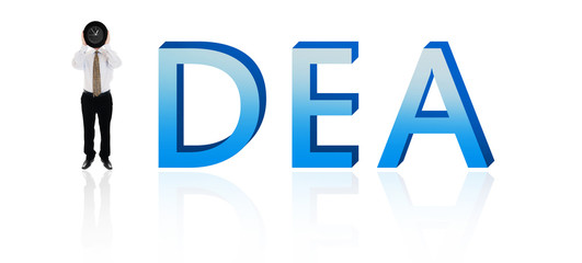 Business man with clock on word Idea