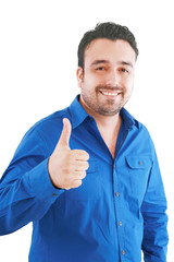 Happy casual young man showing thumb up and smiling 1 isolated o