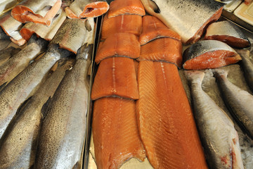 Fresh salmons on display at Central Market in Riga