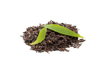 Pu-erh chinese tea and fresh leaves isolated