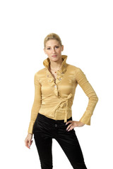 beautiful girl, blouse.blacks pants, studio portrait