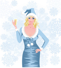 Santa girl with champagne, vector illustration