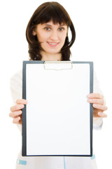 Woman doctor with an advertising tablet on a white background.