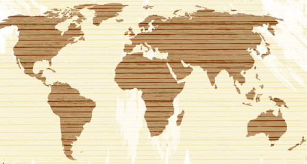 World Map Printed on Grunge Wooden Plank