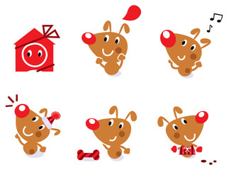 Cute retro christmas dog set isolated on white
