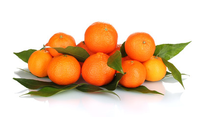 Ripe tasty tangerines with leaves isolated on white