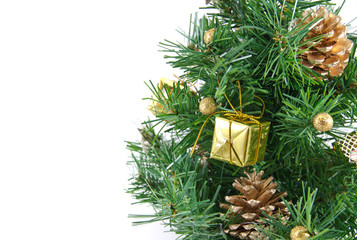 Golden decorated christmas tree with many presents and isolated