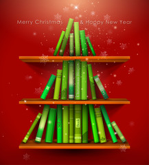 "Christmas Stories". Christmas tree formed from books.