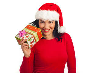 Happy Santa helper holding gift
