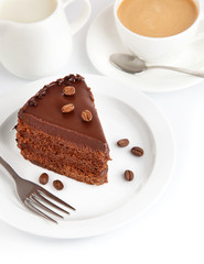chocolate cake with coffee isolated on white background