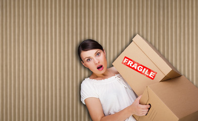 Closeup portrait of a young woman with boxes
