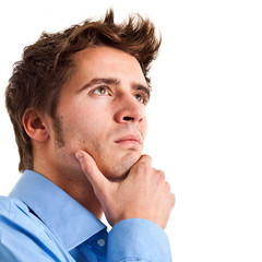 Fototapeta premium Thoughtful man portrait isolated on white