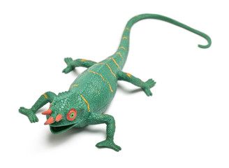 Chameleon toy in front of white background