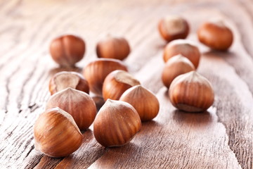 Filberts on a wooden table. Close-up shot.