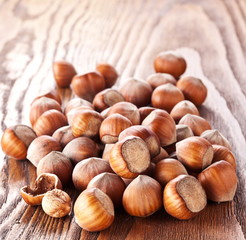 Filberts on a wooden table. Close-up shot.