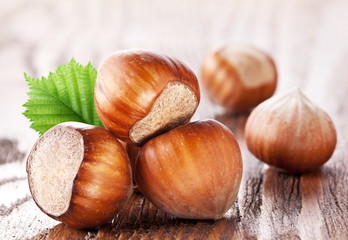 Filberts on a wooden table. Close-up shot.