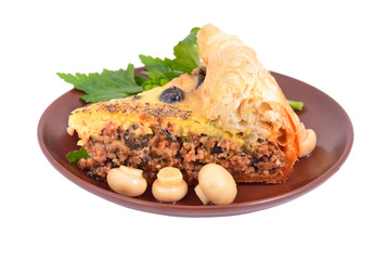 Meat pie with olive, isolated on white background