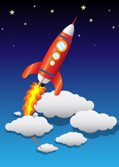 Vector Flying Space Ship with Clouds and Stars