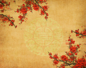 Spring peach blossom on Old antique vintage paper background
