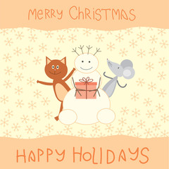Christmas card with a cat, mouse and snowman