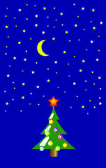 In winter Christmas tree at night stars shine and the moon